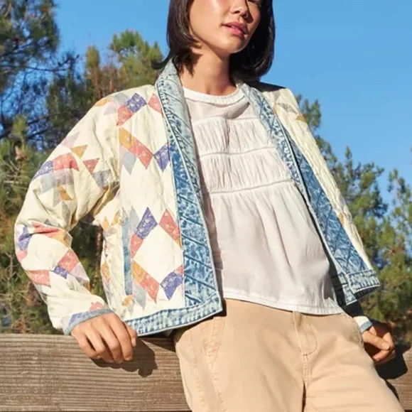 Blank NYC Making Memories Patchwork Quilted Jacket Denim Trim Oversized Small - Picture 1 of 14